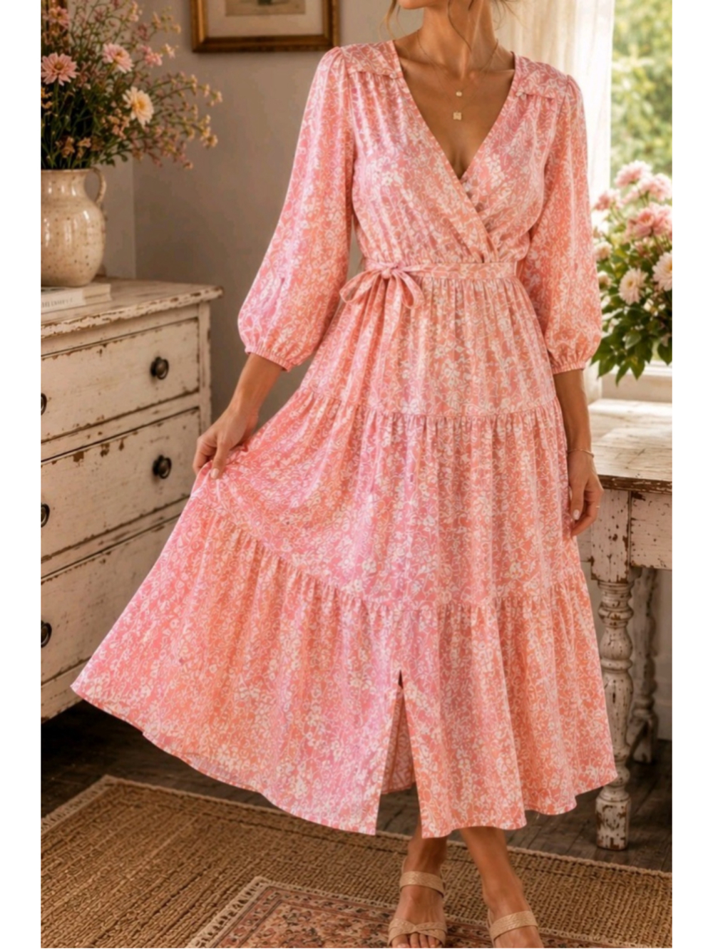 ELF Handmade Cotton Wrap Midi Dress Sz M Peach White Floral Puff Sleeve Wrap